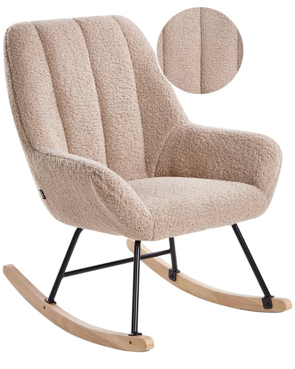 Gyngestol beige spænde boucle polstring sort metal ben armlæn bredt ryglæn stue