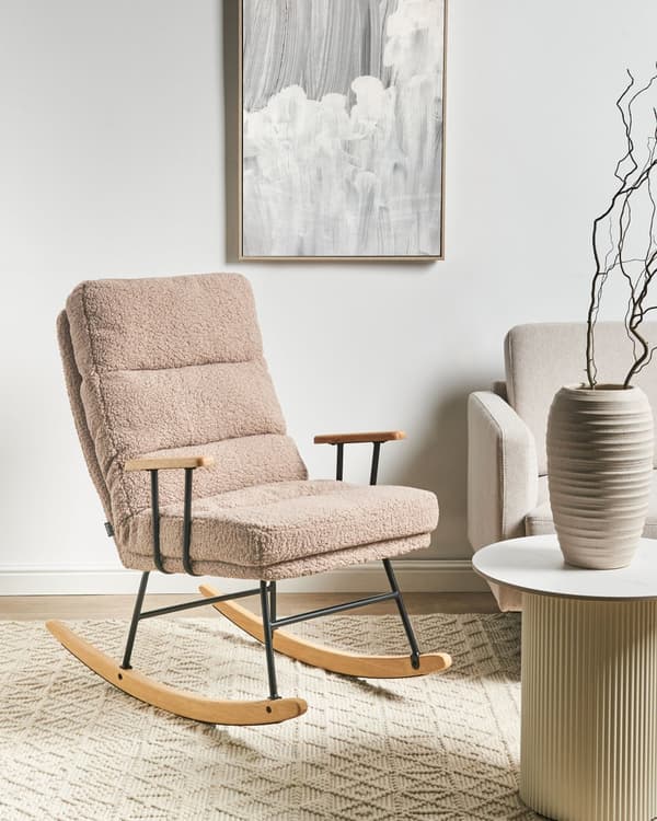 Gyngestol beige boucle polstring metal og gummi træben tilbagelænet ryglæn lounge