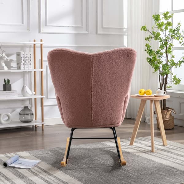 Gyngestol i lyserødt teddystof – Moderne design fra midten af århundredet med tuftet ryg og polstret sæde, perfekt til stuer og soveværelser