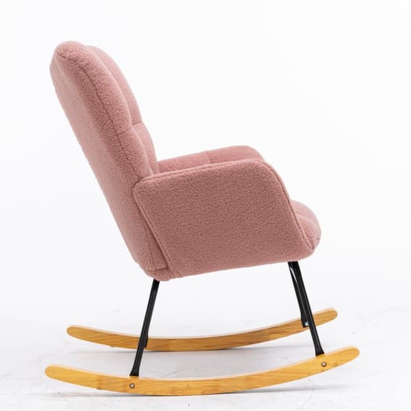 Gyngestol i lyserødt teddystof – Moderne design fra midten af århundredet med tuftet ryg og polstret sæde, perfekt til stuer og soveværelser