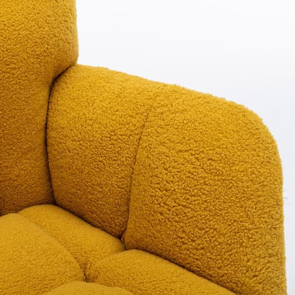 Keinutuoli teddykangasta – keltainen, retro-nojatuoli vuosisadan puolivälin tyyliin tuftatulla selkänojalla