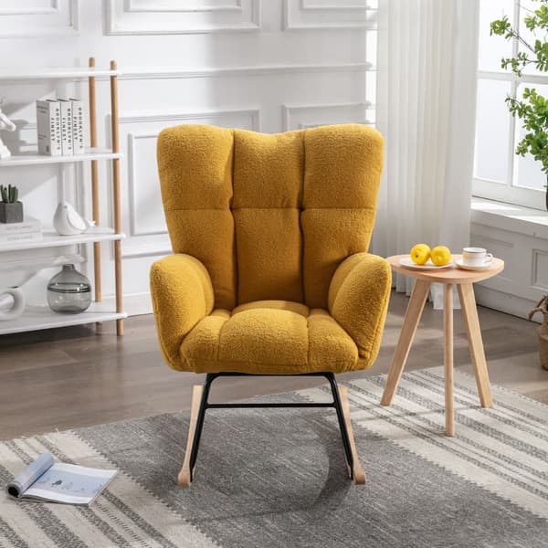 Keinutuoli teddykangasta – keltainen, retro-nojatuoli vuosisadan puolivälin tyyliin tuftatulla selkänojalla