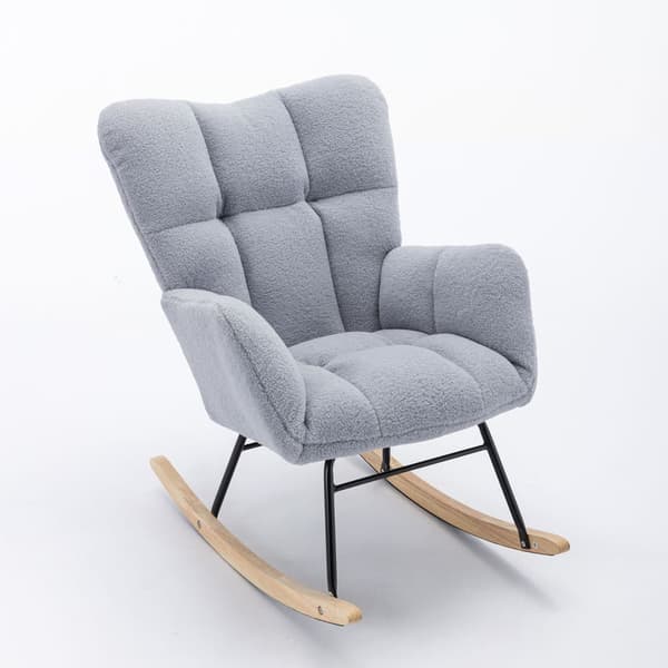 Gungstol i teddytyg, ljusgrå – retro fåtölj med tuftat ryggstöd och vadderad sits för vardagsrum & sovrum – Mid Century Modern stil