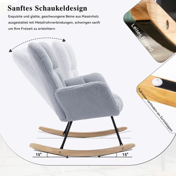 Gungstol i teddytyg, ljusgrå – retro fåtölj med tuftat ryggstöd och vadderad sits för vardagsrum & sovrum – Mid Century Modern stil
