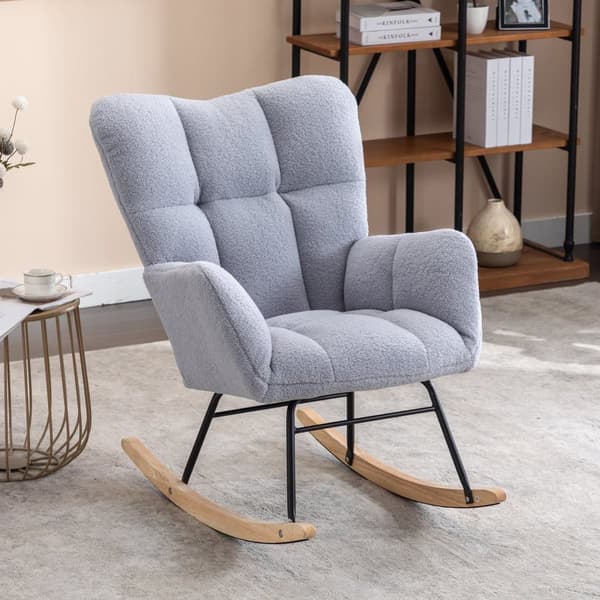 Gungstol i teddytyg, ljusgrå – retro fåtölj med tuftat ryggstöd och vadderad sits för vardagsrum & sovrum – Mid Century Modern stil