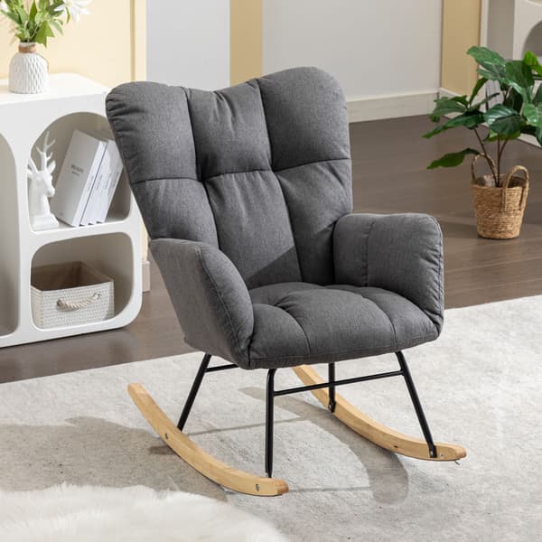 Gungstol i linnetyg med quiltad design – Grå | Mid Century Modern stoppad vilstol för vardagsrum & sovrum