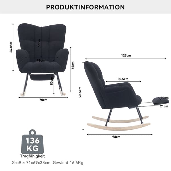 Modern svart gungstol i teddytyg med vaddering och utfällbart fotstöd – Elegant och bekväm vilstol för vardagsrum och sovrum