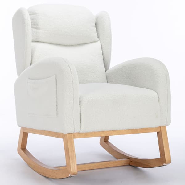 Moderne gyngestol i teddystof med lænestolsdesign – polstret lænestol til stue og soveværelse, hvid