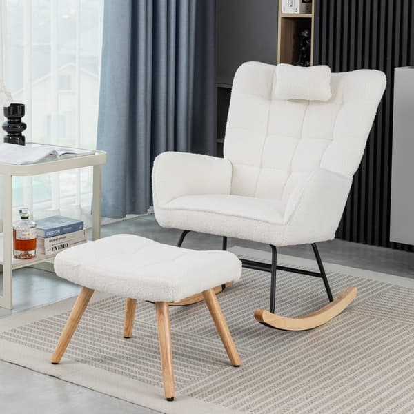 Ergonominen valkoinen keinutuoli 92 cm korkea – rahilla (49×38×38 cm) ja niskatyynyllä, tukeva runko kumipuuta, maksimipaino 113 kg
