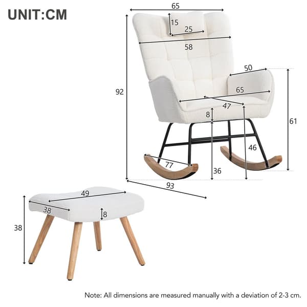 Ergonominen valkoinen keinutuoli 92 cm korkea – rahilla (49×38×38 cm) ja niskatyynyllä, tukeva runko kumipuuta, maksimipaino 113 kg
