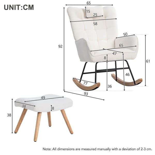 Ergonominen valkoinen keinutuoli 92 cm korkea – rahilla (49×38×38 cm) ja niskatyynyllä, tukeva runko kumipuuta, maksimipaino 113 kg