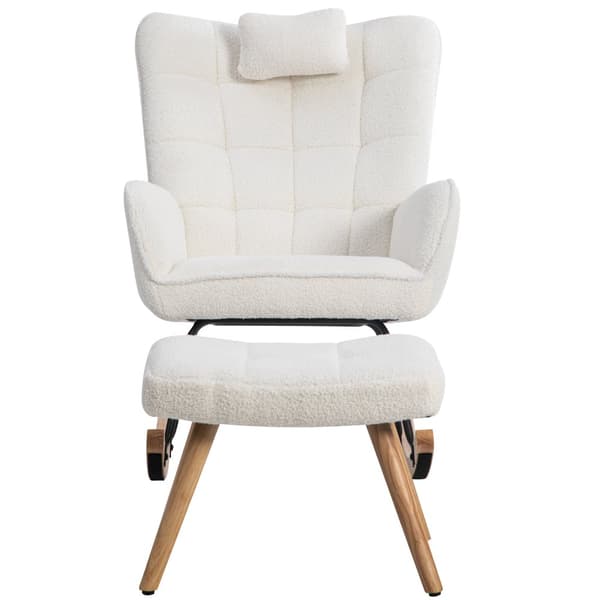 Ergonominen valkoinen keinutuoli 92 cm korkea – rahilla (49×38×38 cm) ja niskatyynyllä, tukeva runko kumipuuta, maksimipaino 113 kg