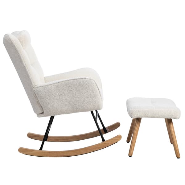 Ergonominen valkoinen keinutuoli 92 cm korkea – rahilla (49×38×38 cm) ja niskatyynyllä, tukeva runko kumipuuta, maksimipaino 113 kg