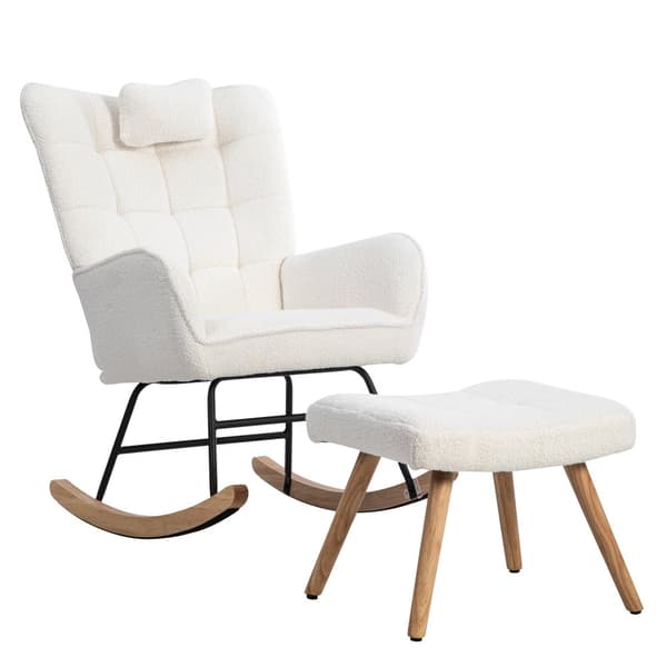 Ergonominen valkoinen keinutuoli 92 cm korkea – rahilla (49×38×38 cm) ja niskatyynyllä, tukeva runko kumipuuta, maksimipaino 113 kg
