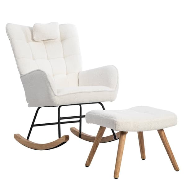 Ergonominen valkoinen keinutuoli 92 cm korkea – rahilla (49×38×38 cm) ja niskatyynyllä, tukeva runko kumipuuta, maksimipaino 113 kg