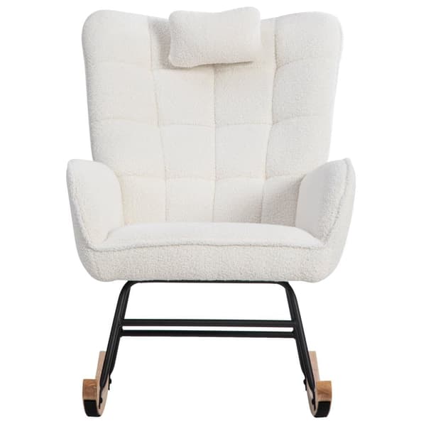 Ergonominen valkoinen keinutuoli 92 cm korkea – rahilla (49×38×38 cm) ja niskatyynyllä, tukeva runko kumipuuta, maksimipaino 113 kg