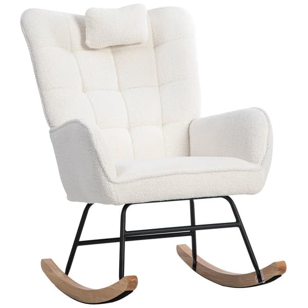 Ergonominen valkoinen keinutuoli 92 cm korkea – rahilla (49×38×38 cm) ja niskatyynyllä, tukeva runko kumipuuta, maksimipaino 113 kg