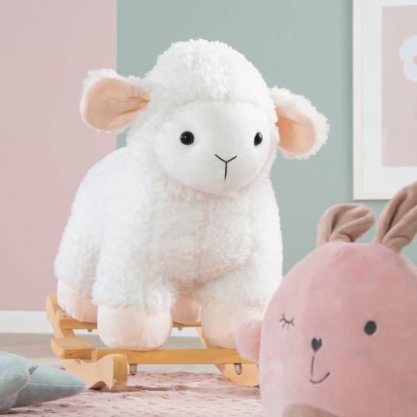 ROBA Lamb Rocker i trä och mjuk plysch med handtag - Hjälper till att bemästra balansen - från 18 månader - Vit