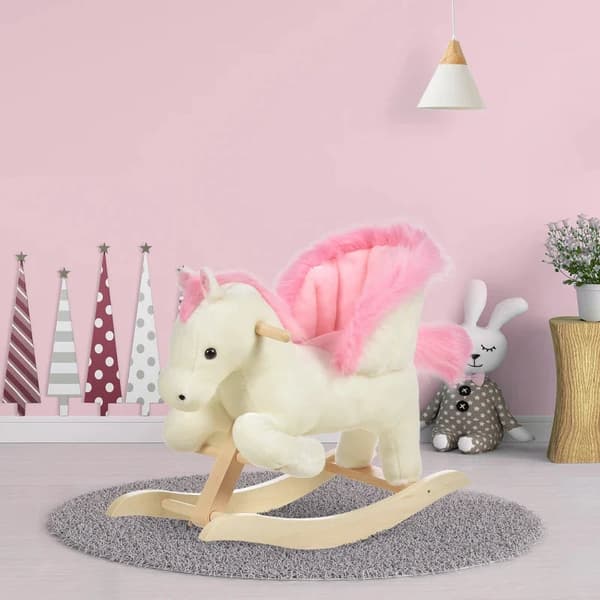 Rootz Children's Rocking Horse - Baby Rocking Animal Horse with Animal - Sounds Toy  -Handles for 18-36 Months - Plush - White + Pink - 70 x 28 x 57 c