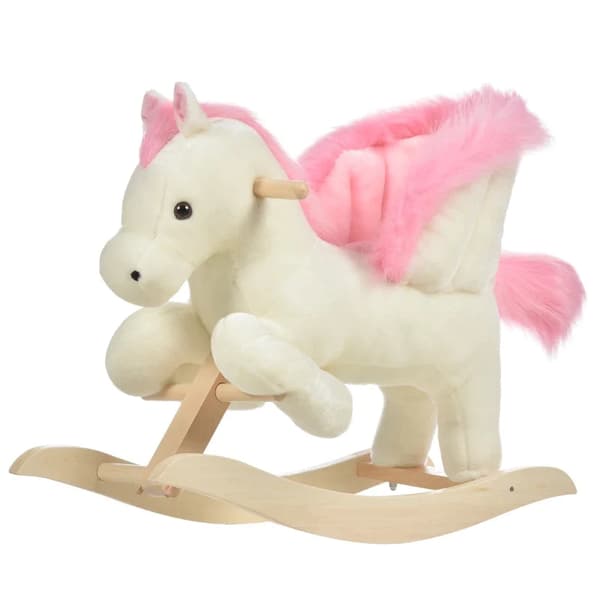 Rootz Children's Rocking Horse - Baby Rocking Animal Horse with Animal - Sounds Toy  -Handles for 18-36 Months - Plush - White + Pink - 70 x 28 x 57 c