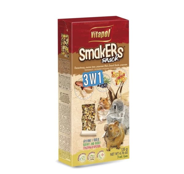 Treat for rodents and rabbits SMAKERS 3 in 1 (nut/forest fruits/popcorn) 2pcs 135g