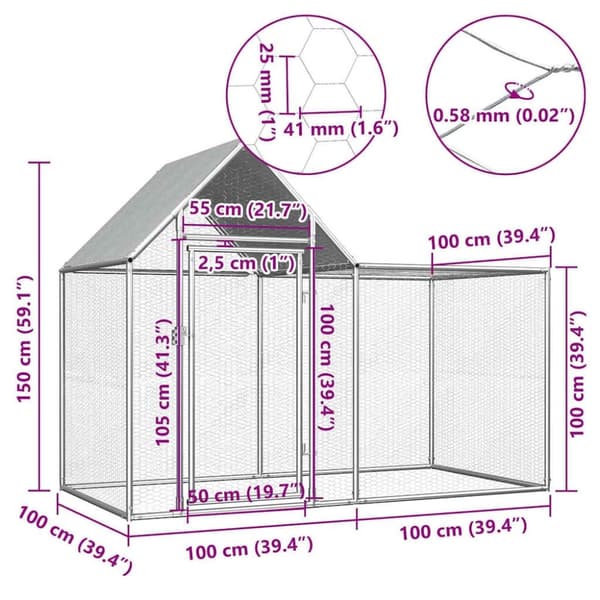 vidaXL Kanahäkki 2x1x1,5 m galvanoitu teräs