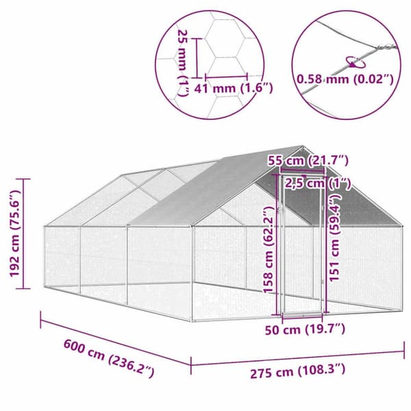 vidaXL Hönsbur för utomhusbruk 2,75x6x1,92 m galvaniserat stål