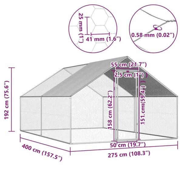 vidaXL Ulkotilan kanahäkki galvanoitu teräs 2,75x4x1,92 m