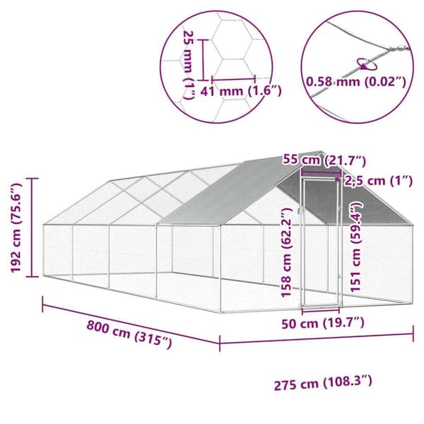 vidaXL Ulkotilan kanahäkki galvanoitu teräs 2,75x8x1,92 m