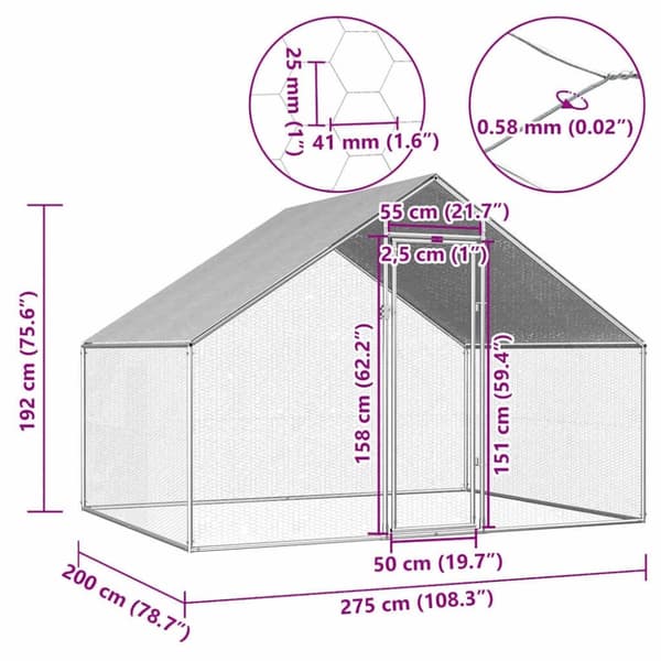 vidaXL udendørs hønsebur 2,75x2x1,92 m galvaniseret stål
