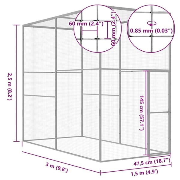 vidaXL Kissahäkki 3x1,5x2,5 m galvanoitu teräs