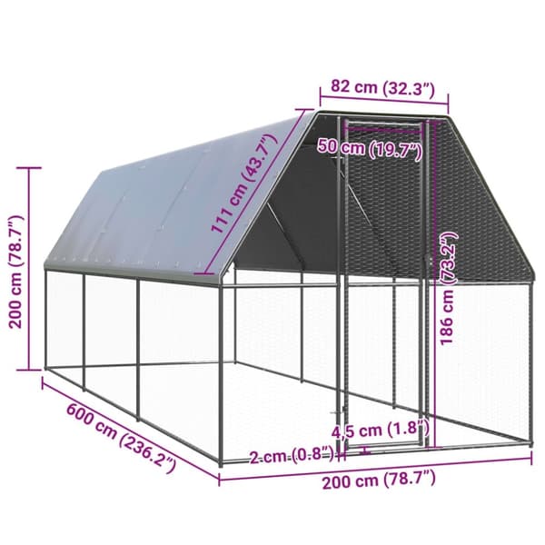 vidaXL Ulkotilan kanahäkki 2x6x2 m galvanoitu teräs