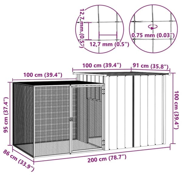 vidaXL hønsehus 200x91x100 cm galvaniseret stål grå