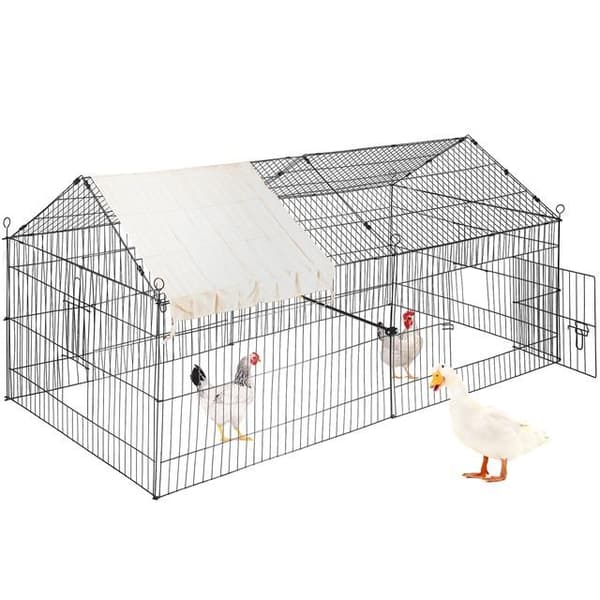 220x106x104 cm metall hönshus med 4 dörrar och skyddskåpa, robust struktur, väderbeständig, lätt att montera