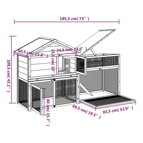 vidaXL Kaninbur brun 185,5x60,5x109,5 cm heltre furu