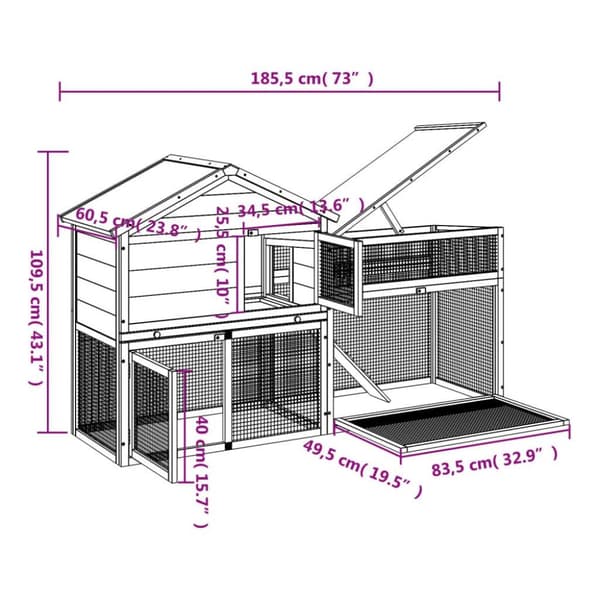 vidaXL kaninbur 185,5x60,5x109,5 cm massivt fyrretræ mokkafarvet