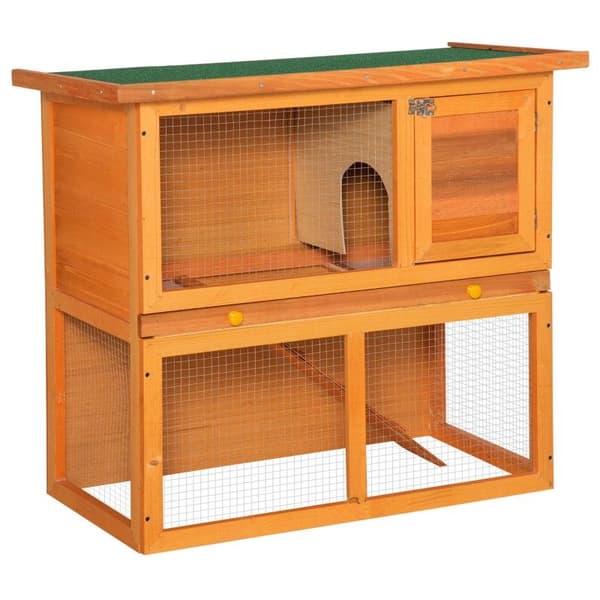 Rootz lille dyrebur - kaninbur - 2-lags kaninbur - marsvinebur i træ - dobbeltdækker kæledyrsbur - løb med glidebakke - gul + grøn - 90 cm x 45 cm x 8