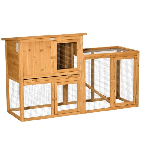 Rootz lille dyrebur - Kaninbur - Med udendørs kabinet - Aftagelig gulvpande - Vejrbestandig - Grantræ - Brun - 141 cm x 60 cm x 86 cm