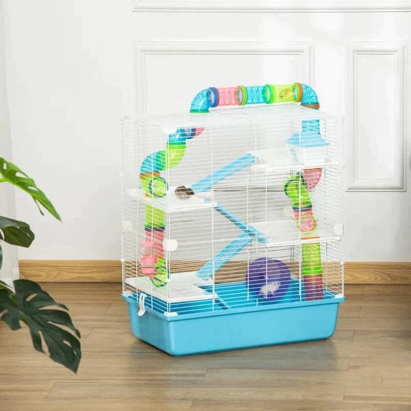 Rootz Smådyrsbur - Smådyrebur - Musebur - Med rampe og løbehjul - Kæledyrsbur - Ståltråd/Plastik/PS - Lyseblå/Hvid - 59 x 36 x 69 cm