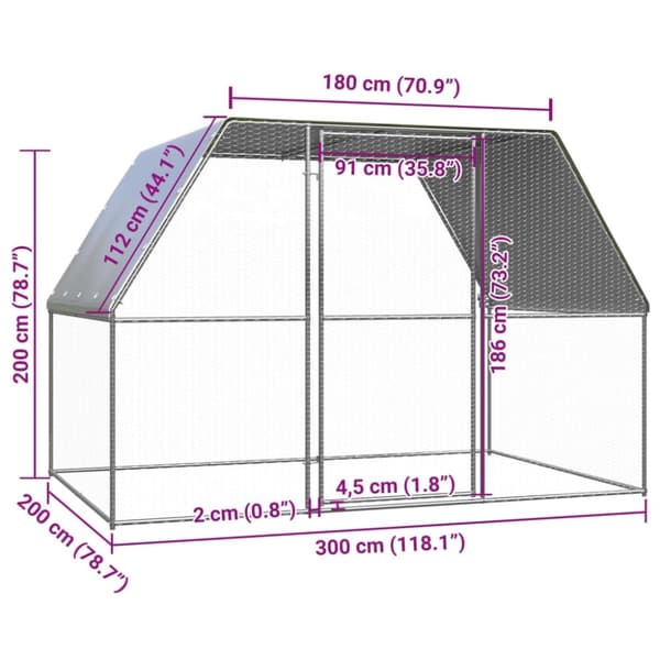 vidaXL hønsebur 3x2x2 m galvaniseret stål sølvfarvet og grå