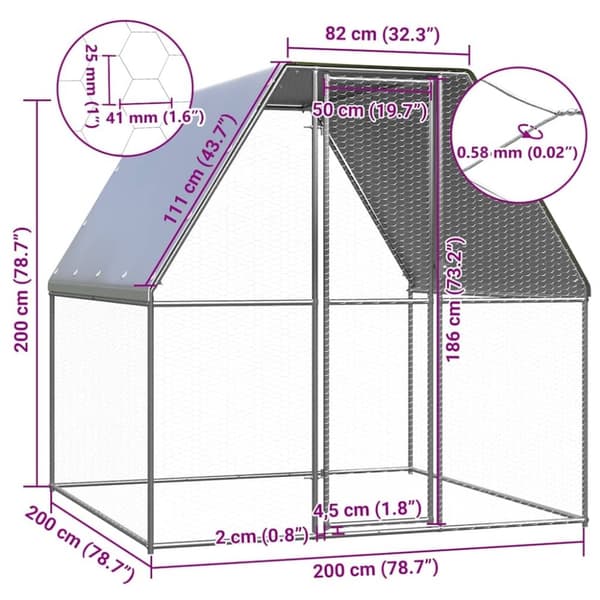 vidaXL Hönsbur silver och grå 2x2x2 m galvaniserat stål