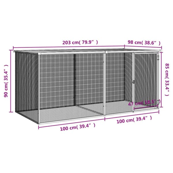hønsebur med tag 203x98x90 cm galvaniseret stål lysegrå