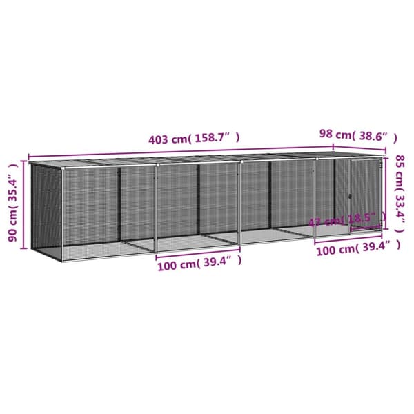 hønsebur med tag 403x98x90 cm galvaniseret stål antracitgrå