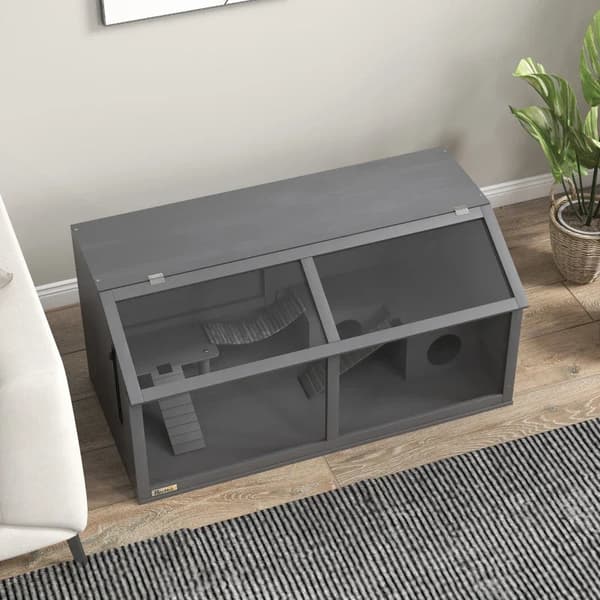 Rootz smådyrsbur - Vandflaske - Hamsterbur - Inklusiv tilbehør - Drinker - Grantræ - Mørkegrå - 100L x 52W x 50H cm