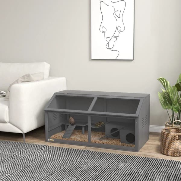 Rootz smådyrsbur - Vandflaske - Hamsterbur - Inklusiv tilbehør - Drinker - Grantræ - Mørkegrå - 100L x 52W x 50H cm