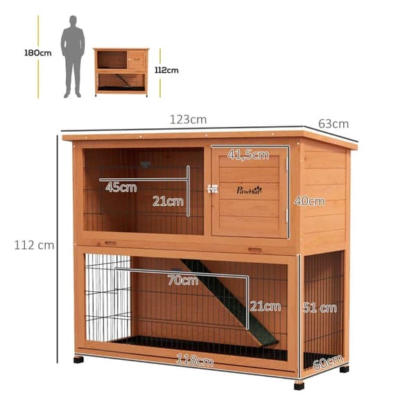 Rootz Smådjurshus - Gnagarbur - Väderbeständig - Kaninbur - 2 golvbrickor - Granträ Stål - Orange - 123l X 63w X 112h Cm