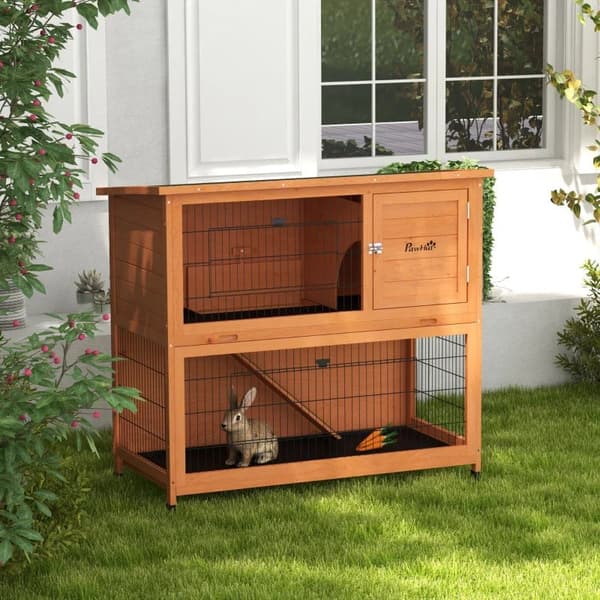 Rootz Smådjurshus - Gnagarbur - Väderbeständig - Kaninbur - 2 golvbrickor - Granträ Stål - Orange - 123l X 63w X 112h Cm