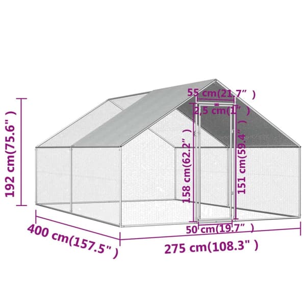 vidaXL Ulkotilan kanahäkki galvanoitu teräs 2,75x4x1,92 m -  Pieneläinten kopit & häkit