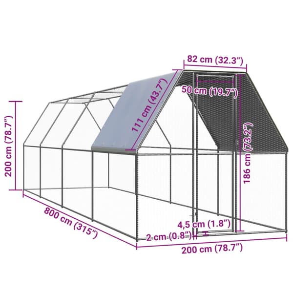 vidaXL udendørs hønsegård 2x8x2 m galvaniseret stål -  Huse & bure til små dyr