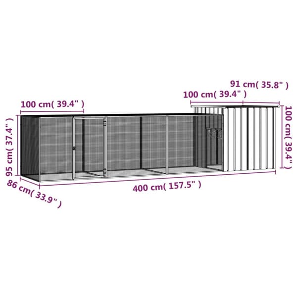 vidaXL Hönsbur antracit 400x91x100 cm galvaniserat stål -  Smådjursburar
